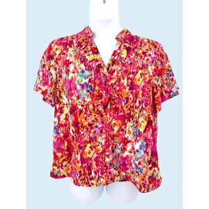 MODERN ESSENTIALS COLORFUL RUFFLED BUTTON FRONT SHORT SLEEVE TOP - PXL